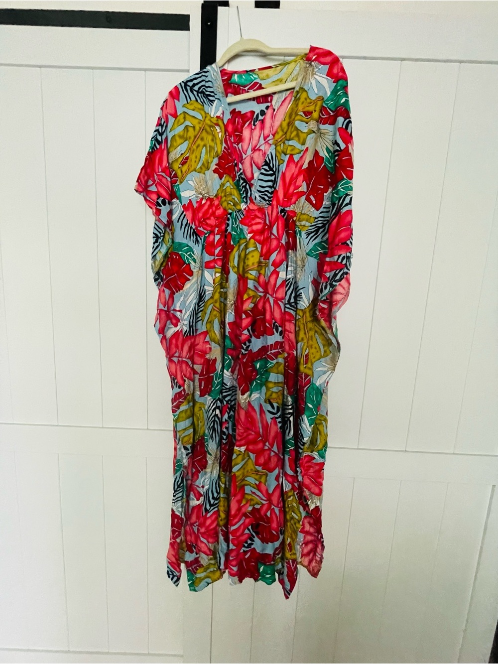 Tropical Leaf Print Kaftan Dress - L